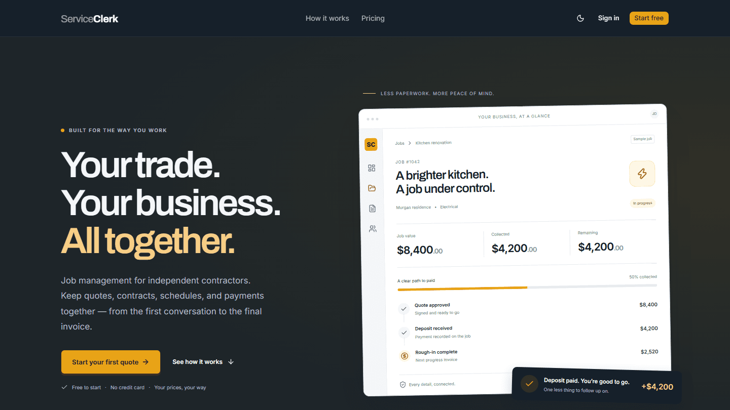 ServiceClerk homepage showing a sample job from quote to final payment